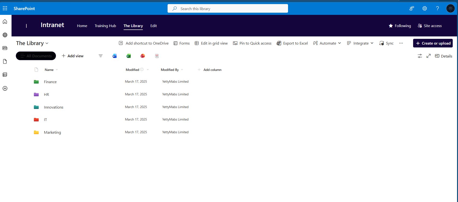 SharePoint document library showing folders for Finance, HR, Innovations, IT and Marketing