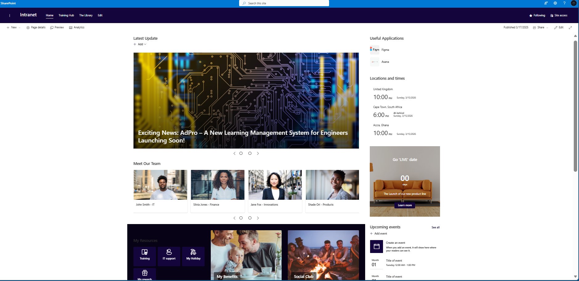 SharePoint intranet home page showing latest news, meet our team, useful applications, locations and times, upcoming events