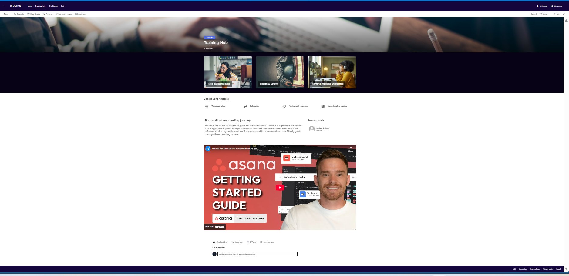 SharePoint Training Hub page showing role-based training, health and safety, remote working etiquettes, personalised onboarding journeys and training leads